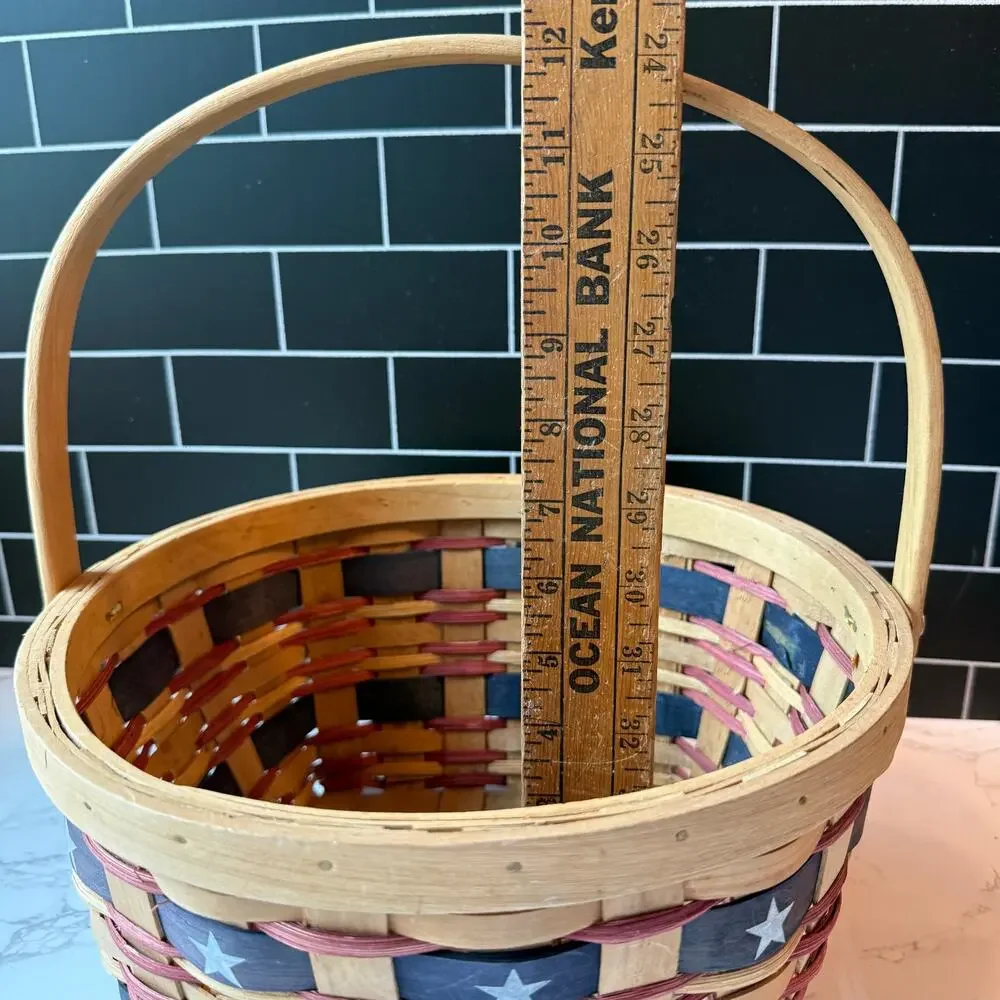 Vtg Woven Wood Basket Square Storage Americana Red Patriotic